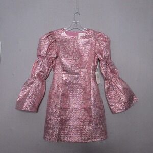 Hyacinth House Dress XS Pink Metallic Jacquard Puff Sleeve Darcy Mini Party NWT
